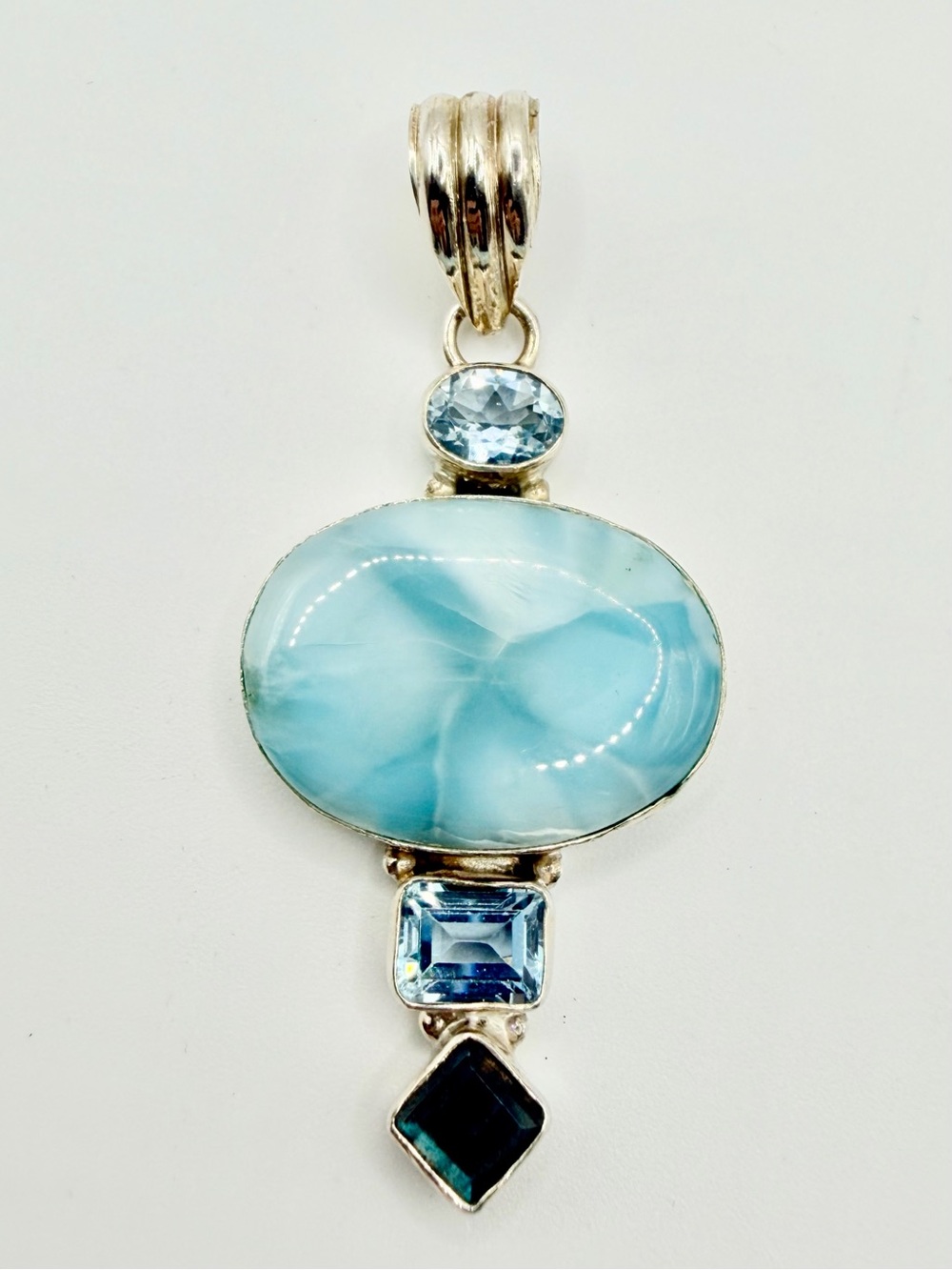 Large 925 Sterling Silver Larimar Blue Topaz and Labradorite Pendant